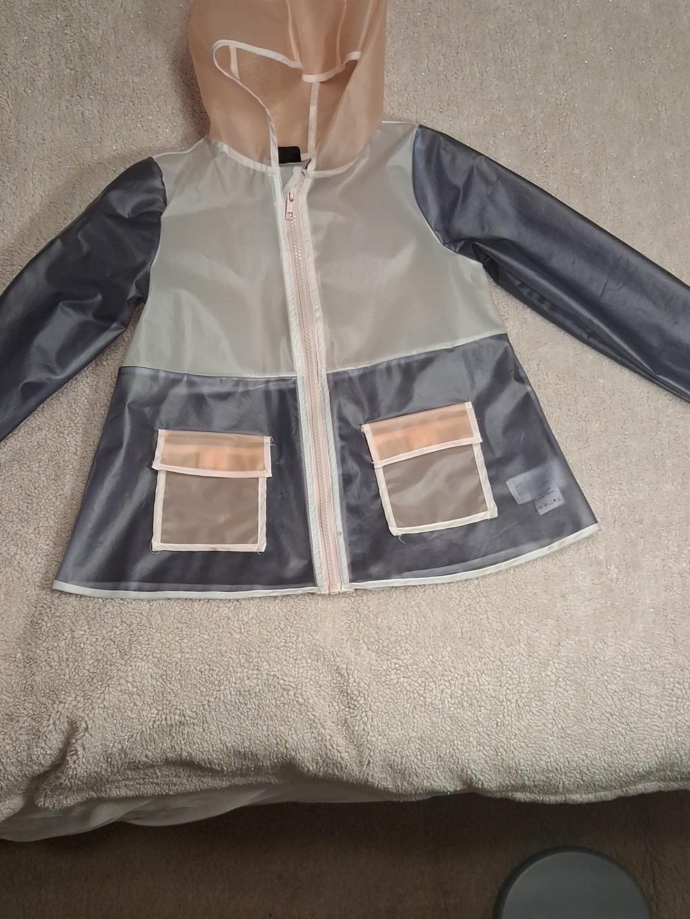 Cynthia Rowley Kids Colorblock Transparent Hooded Raincoat - Gray, Cream & Peach